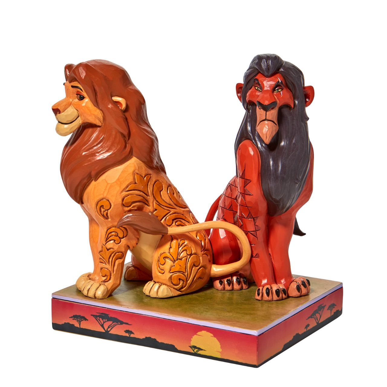 The Lion King Simba & Scar Figurine "Proud and Petulant" by Jim Shore  "Proud and Petulant" This Jim Shore piece ventures into the African savanna to share a scene of good and evil. Striking a winning pose, Simba, the rightful king, smiles next to his murderous uncle, Scar. The pair of lions make a daring duo of strength and pride.