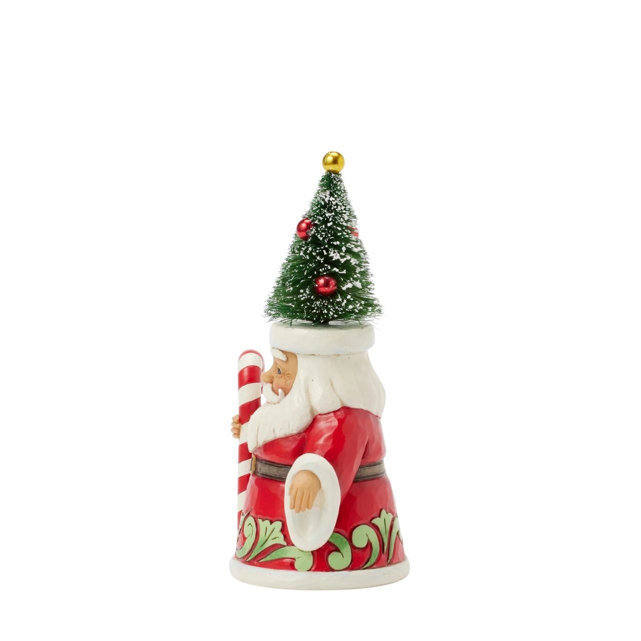 This pint-sized Jim Shore Santa, sporting a whimsical sisal tree decorated as a hat, brings joy with a cheerful smile and festive demeanour. Carrying a candy cane, his cloak is adorned with holly patterning as he embodies the spirit of Christmas.