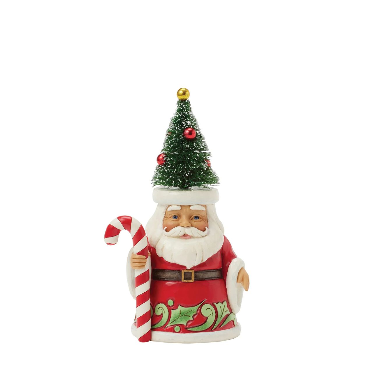 This pint-sized Jim Shore Santa, sporting a whimsical sisal tree decorated as a hat, brings joy with a cheerful smile and festive demeanour. Carrying a candy cane, his cloak is adorned with holly patterning as he embodies the spirit of Christmas.