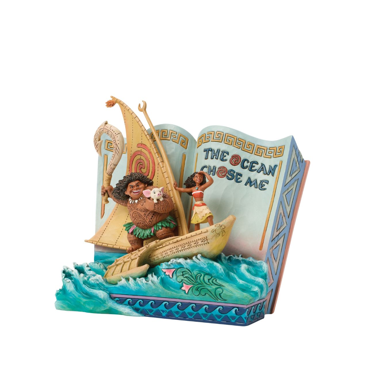 Moana's journey unfolds from the pages of a storybook in this fantastic Jim Shore rendering. Soaring across the waters, Moana's story comes to life, capturing her courage, her connection to heritage, and the adventure that calls across the ocean.