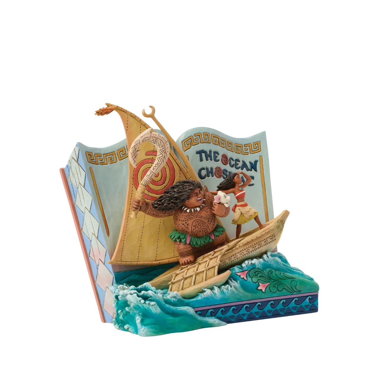Moana's journey unfolds from the pages of a storybook in this fantastic Jim Shore rendering. Soaring across the waters, Moana's story comes to life, capturing her courage, her connection to heritage, and the adventure that calls across the ocean.