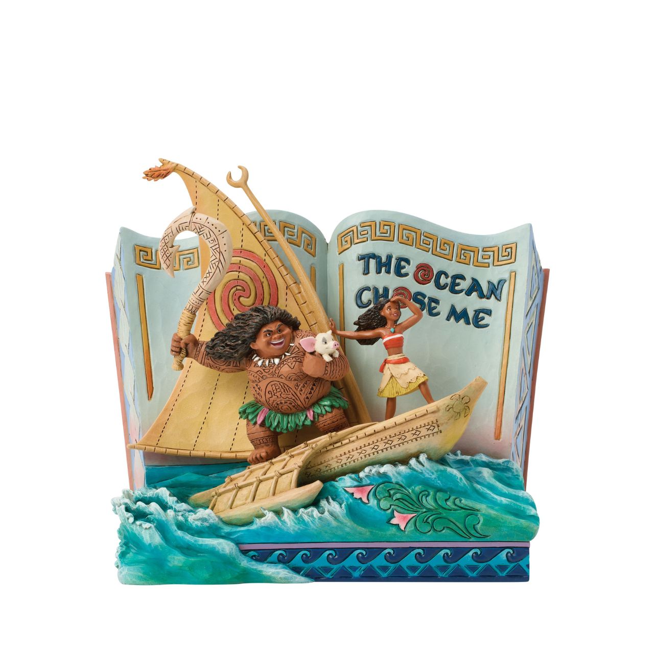 Moana's journey unfolds from the pages of a storybook in this fantastic Jim Shore rendering. Soaring across the waters, Moana's story comes to life, capturing her courage, her connection to heritage, and the adventure that calls across the ocean.