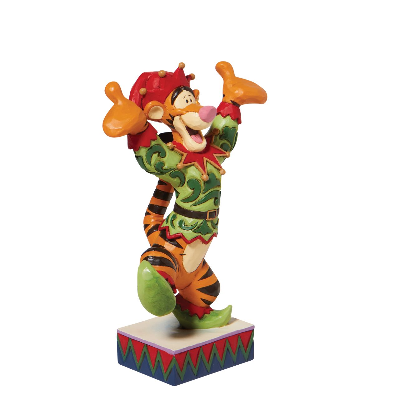 Ecstatic Elf Tigger Elf Figurine by Jim Shore  It's the most wonderful time of the year, and Tigger is ready to tell you the most wonderful thing about everything this holiday season. Jubilant and jolly the striped jester wears an elf costume with a broad smile in this Disney by Jim Shore classic.