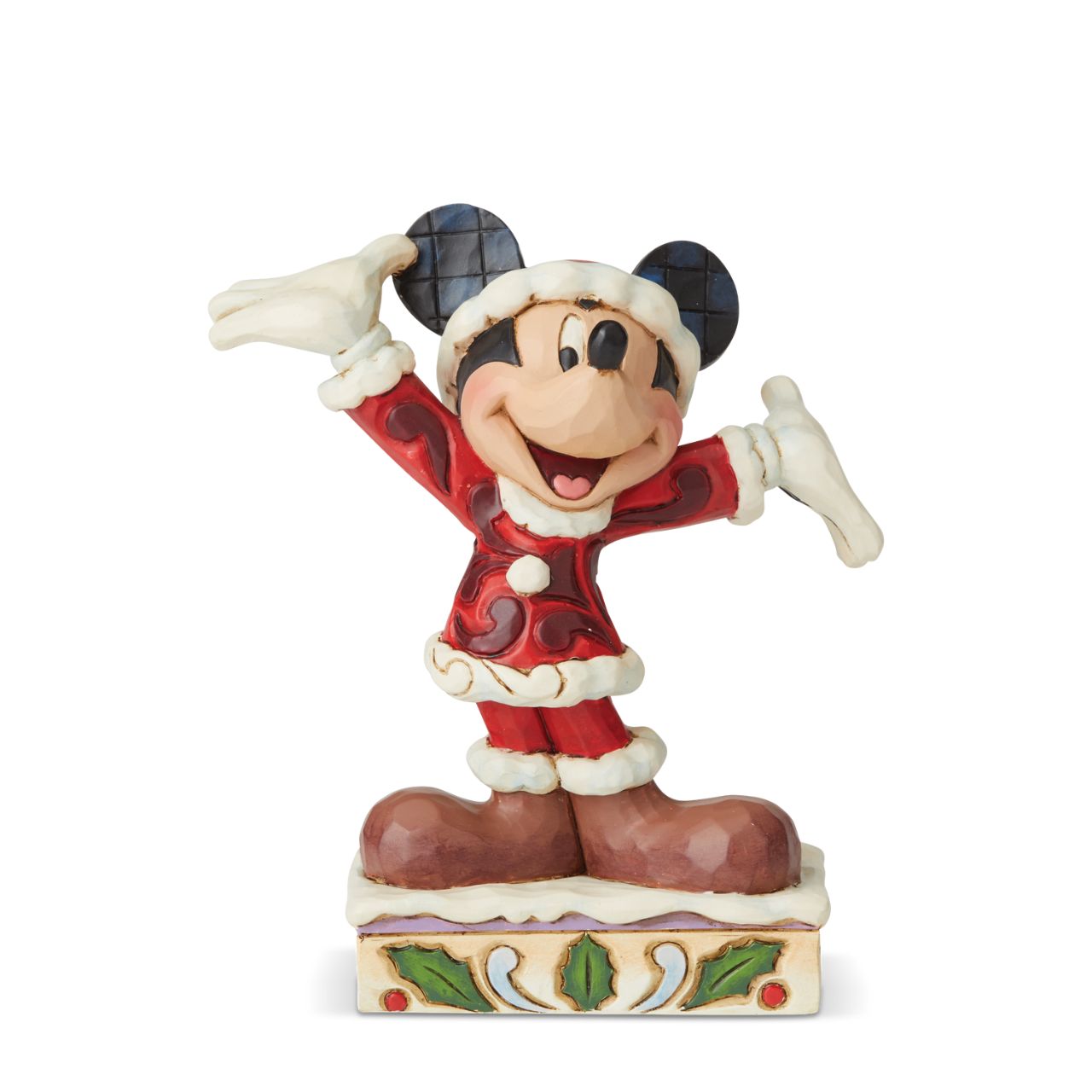 Jim Shore Tis a Splendid Season - Mickey Mouse Figurine  Dressed in his Santa suit, Mickey is excited for the arrival of the fun holiday season. This holiday Mickey is hand-crafted in cast stone and hand painted with Jim Shore's signature rosemaling design.