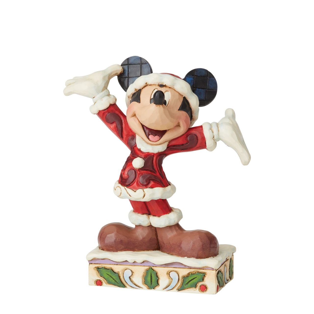 Jim Shore Tis a Splendid Season - Mickey Mouse Figurine  Dressed in his Santa suit, Mickey is excited for the arrival of the fun holiday season. This holiday Mickey is hand-crafted in cast stone and hand painted with Jim Shore's signature rosemaling design.