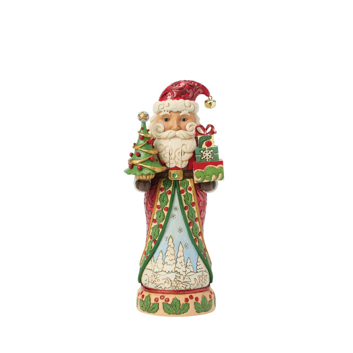 Dressed in classic red and green, this Santa Nutcracker glows with tradition. His cloak reveals a sparkling winter scene. Jim Shore's artistry shines through every carved swirl and hand-painted accent, making it a keepsake for Christmases to come.