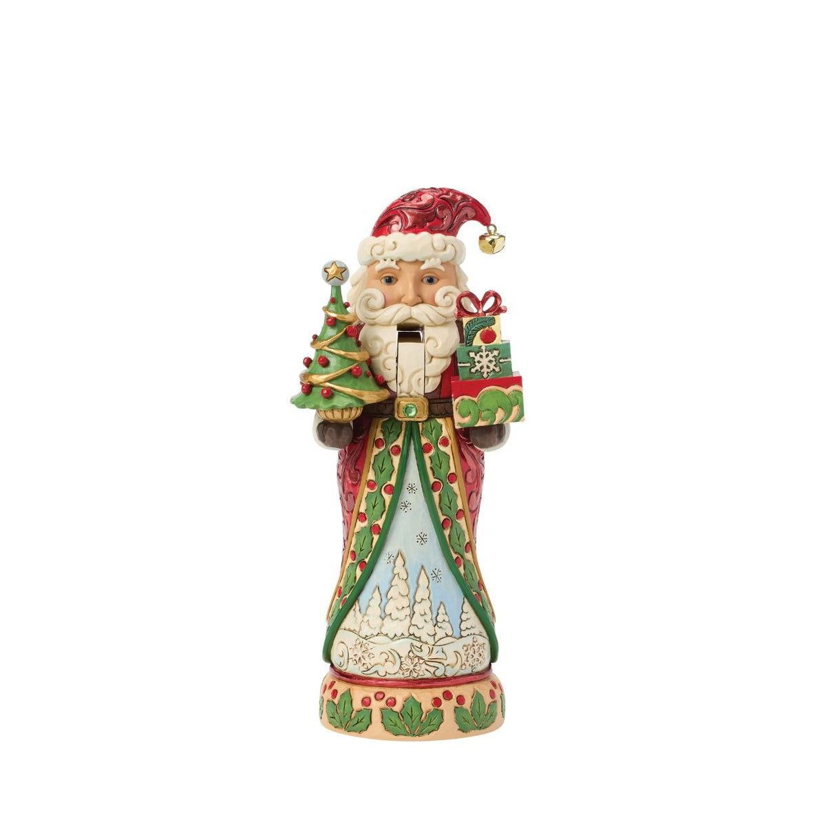 Dressed in classic red and green, this Santa Nutcracker glows with tradition. His cloak reveals a sparkling winter scene. Jim Shore's artistry shines through every carved swirl and hand-painted accent, making it a keepsake for Christmases to come.