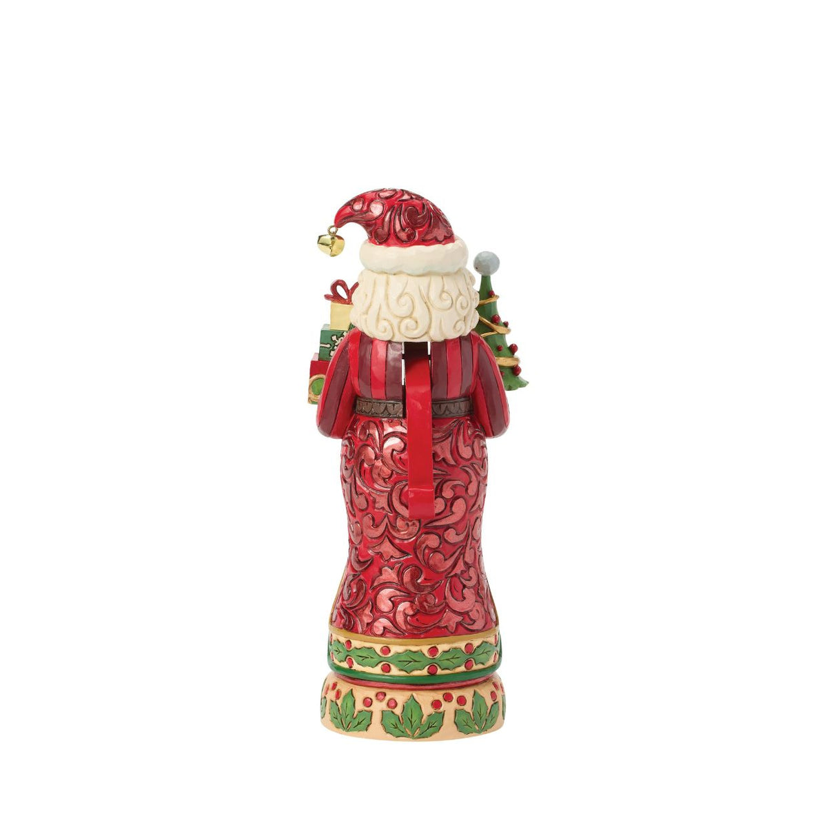 Dressed in classic red and green, this Santa Nutcracker glows with tradition. His cloak reveals a sparkling winter scene. Jim Shore's artistry shines through every carved swirl and hand-painted accent, making it a keepsake for Christmases to come.