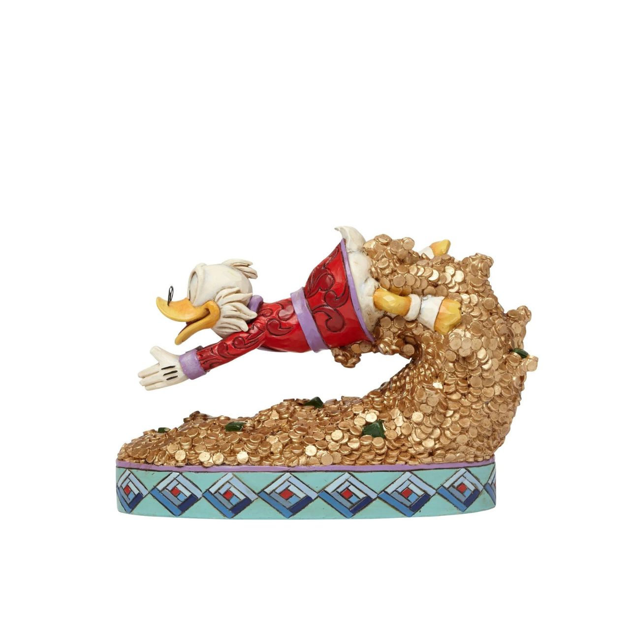 Uncle Scrooge is famous for diving into his into his vast wealth and this figurine captures the iconic scene beautifully with its unique colour palette. Designed by award winning artist and sculptor, Jim Shore for the Disney Traditions brand.