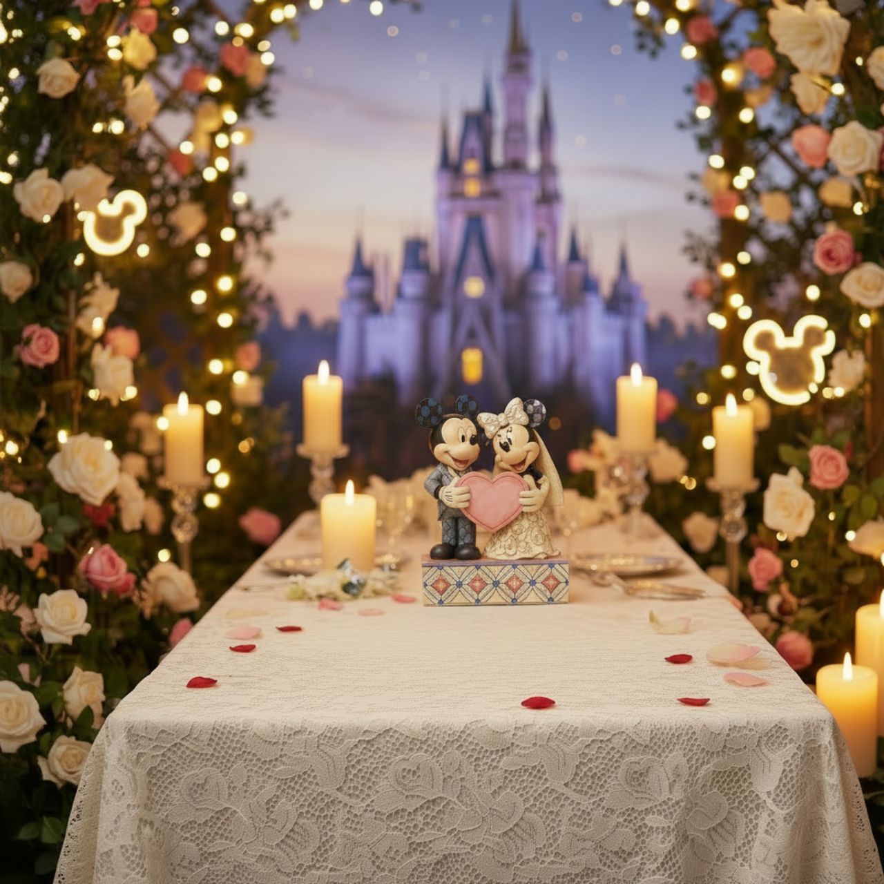 This beautifully detailed figurine is a gorgeous depiction of Mickey as a doting groom with quilted accents on his suit and Minnie as a blushing bride in a gown with rosemaling details.