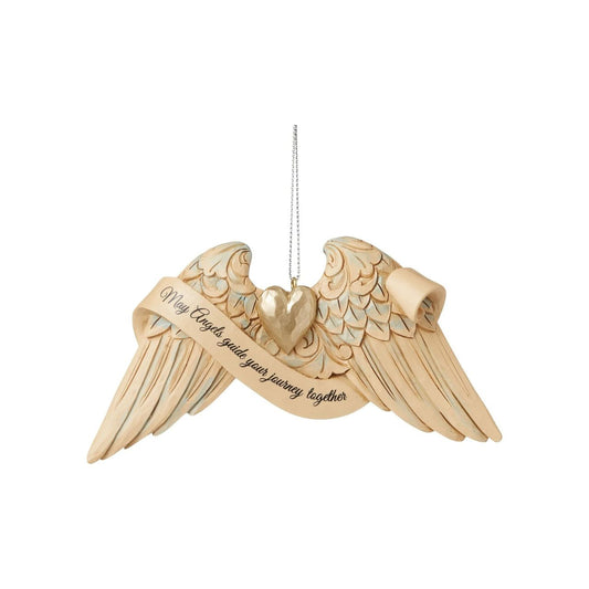 Jim Shore Heartwood Creek Wedding Angel Wings Christmas Hanging Ornament  These delicately sculpted angel wings share uplifting messages of faith when we need a reminder. Keep these wings close to remember to find comfort. This pair of Jim Shore angel wings shares a heartfelt blessing for a couple's special day.