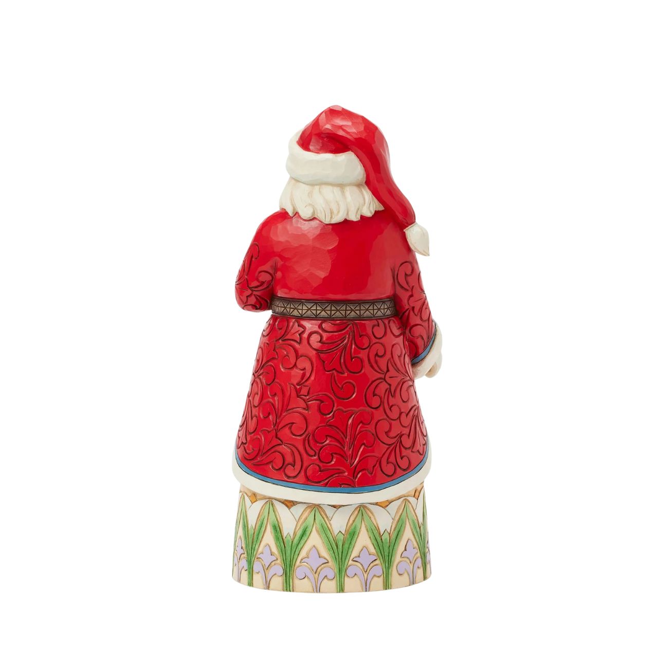 From the Santa Song Series this enchanting Jim Shore Santa beams as he holds the Christmas star, his intricate cloak parting to reveal a serene manger scene of Mary and Jesus with animals. Scripted "What Child is This,