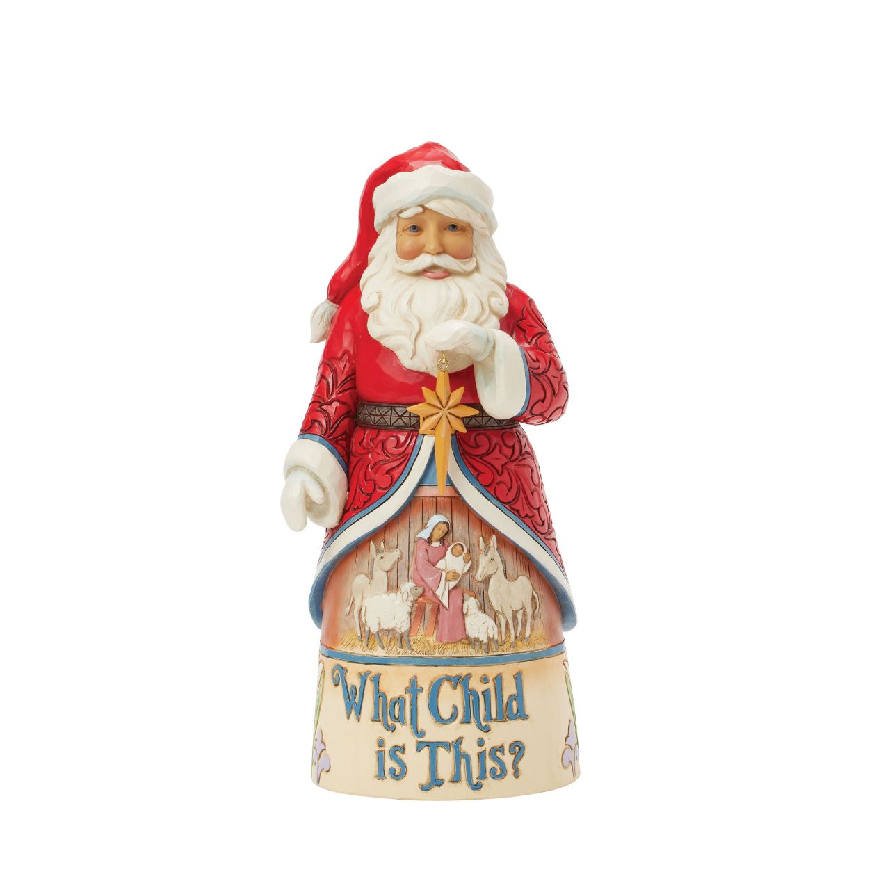 From the Santa Song Series this enchanting Jim Shore Santa beams as he holds the Christmas star, his intricate cloak parting to reveal a serene manger scene of Mary and Jesus with animals. Scripted "What Child is This,