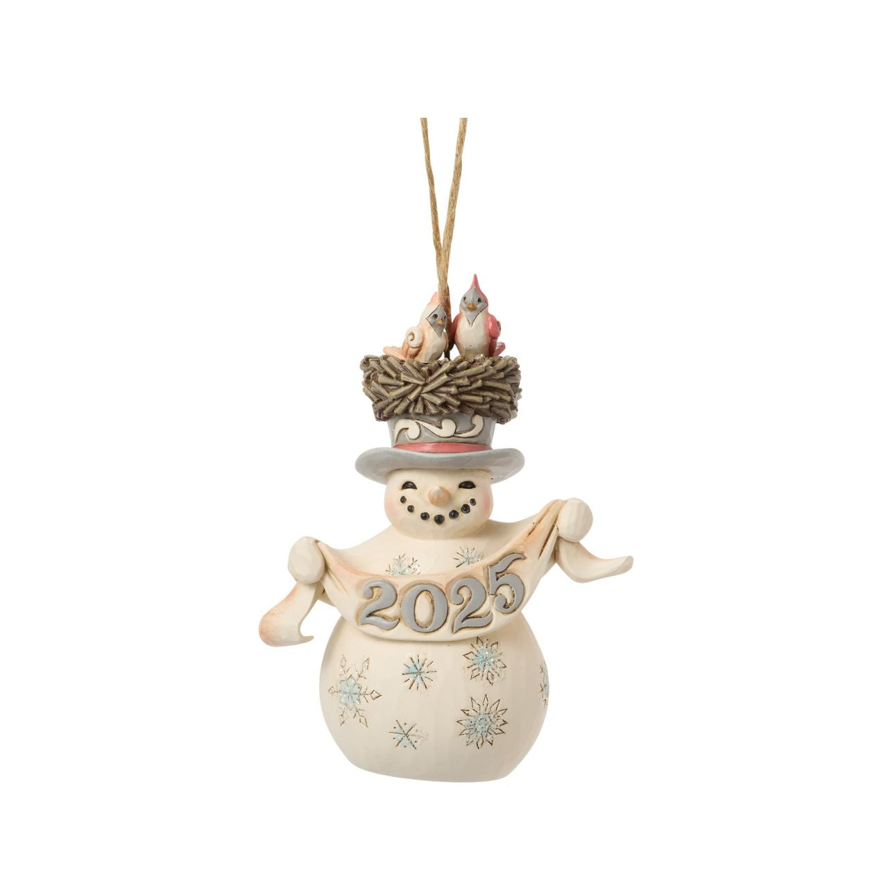 This endearing Jim Shore ornament features a snowman adorned with snowflakes, wearing a bird's nest as a hat with two cardinals. Holding a festive banner that reads "2025," this piece drives home the promise of new beginnings for the year ahead.
