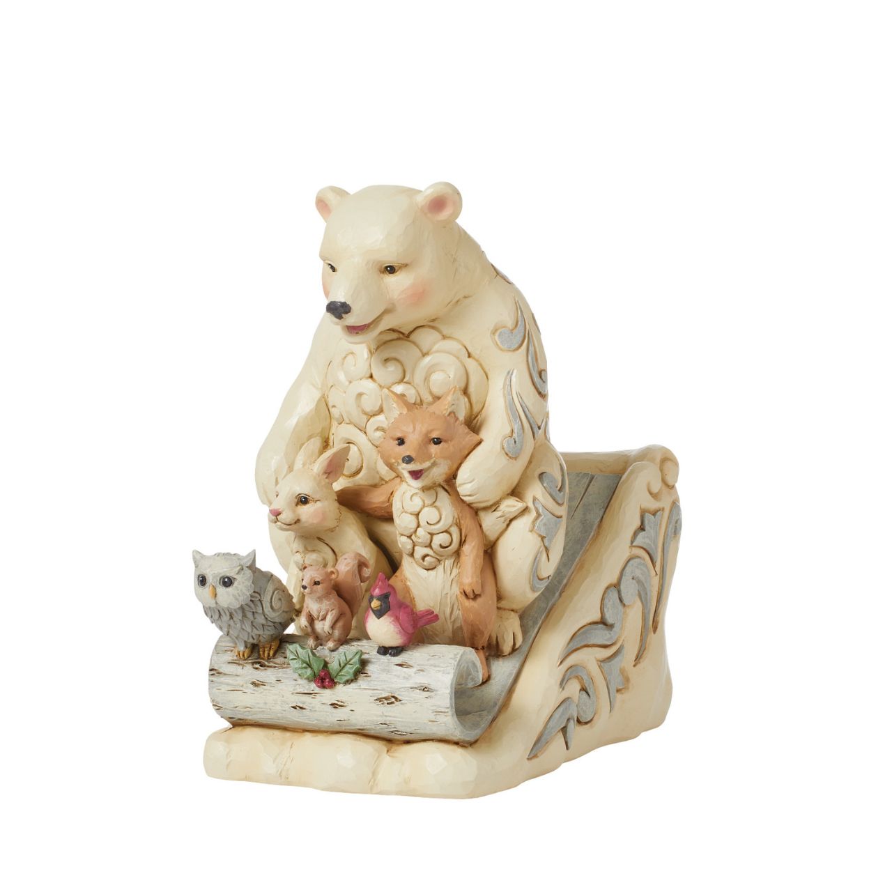 From the White Woodland collection as part of Heartwood Creek by Jim Shore, this group of animal friends having fun in the snow is the perfect addition to any Christmas display.