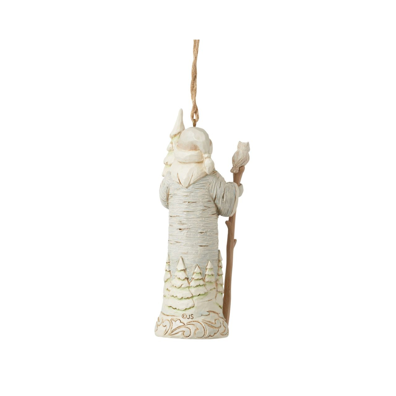 From the White Woodland collection as part of Heartwood Creek by Jim Shore, this Santa hanging ornament is created to look like he is carved from silver birch wood, a fun and creative way to bring the outside in this Christmas.