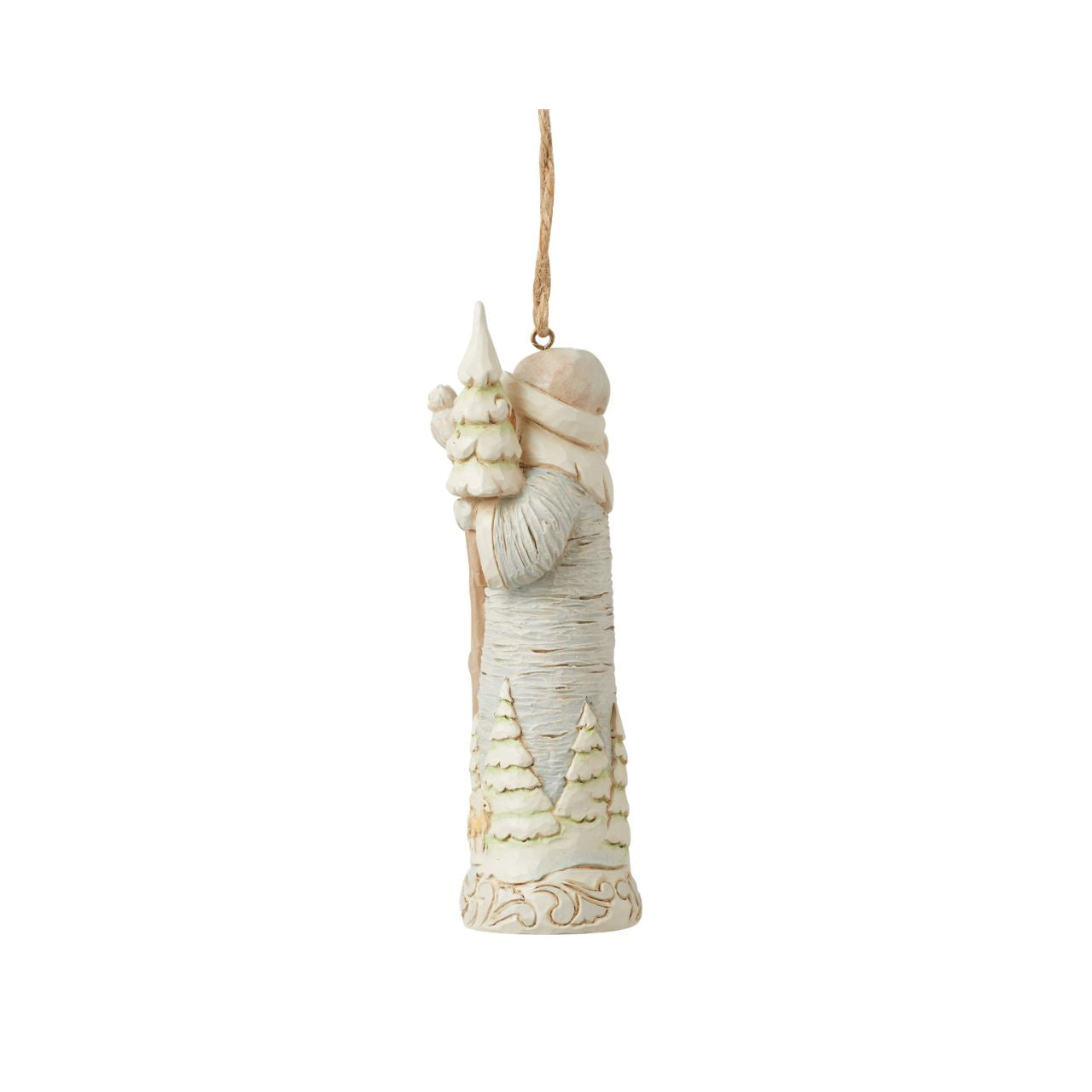From the White Woodland collection as part of Heartwood Creek by Jim Shore, this Santa hanging ornament is created to look like he is carved from silver birch wood, a fun and creative way to bring the outside in this Christmas.