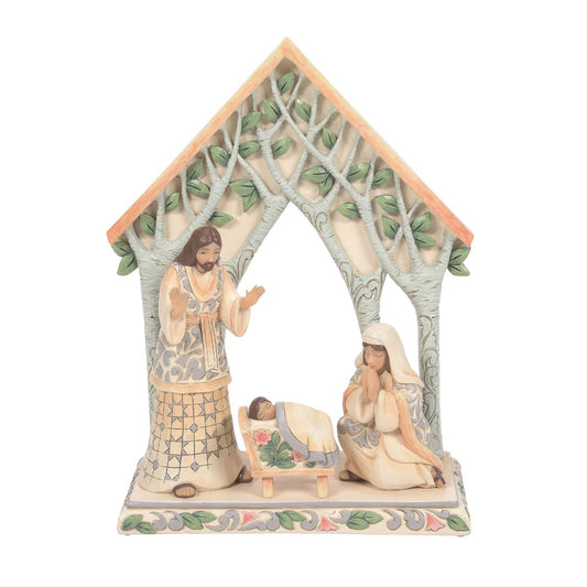 White Woodland Holy Family with Creche Figuring by Jim Shore  This White Woodland themed nativity 4 Pc set features the holy family in enchanting natural fashion. Under a creche made of birch wood trees, new parents Mary and Joseph cooing over baby Jesus in ornate white robes featuring stylish Jim Shore designs.