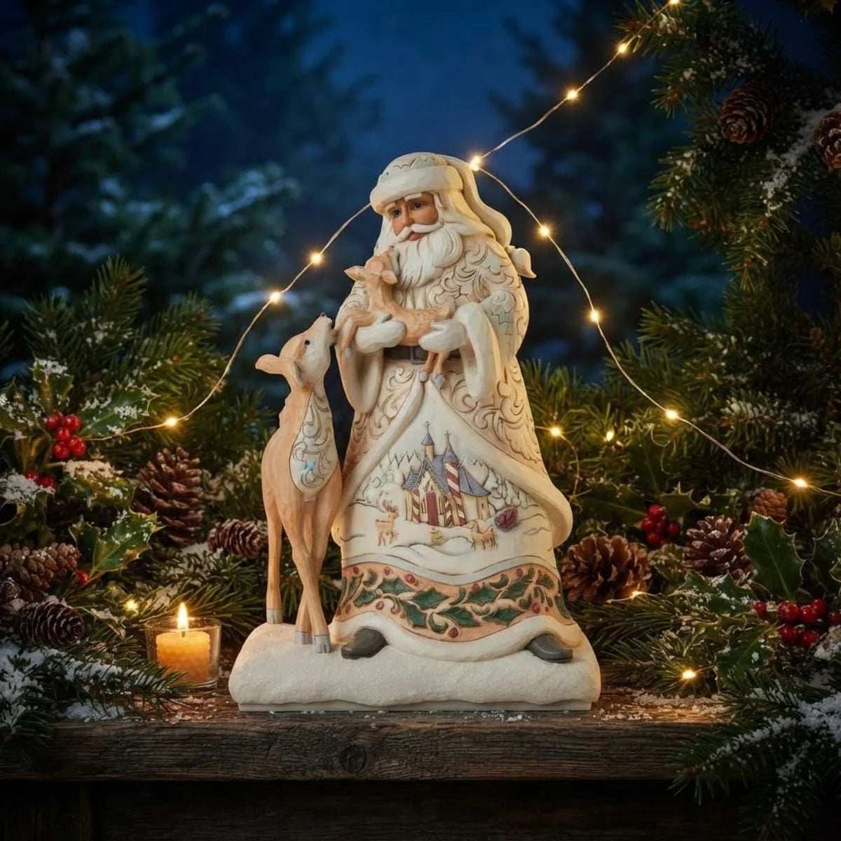 From the White Woodland collection as part of Heartwood Creek by Jim Shore, Santa is with his woodland friends this Christmas period. Comes in a fully branded gift box.
