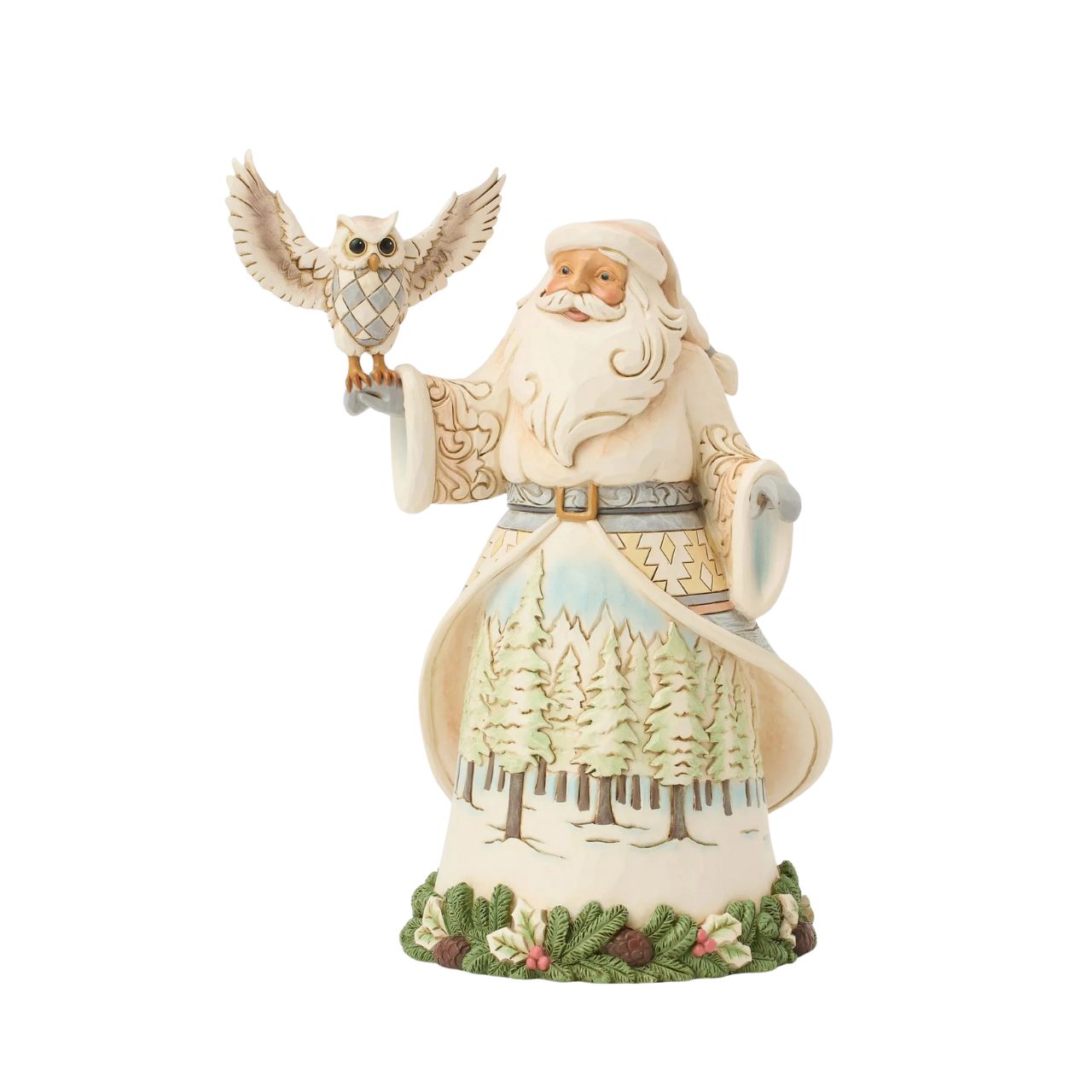 This stunning Jim Shore design features Santa adorned in a gorgeous white cloak trimmed with lush garland, reaching out to a majestic owl.