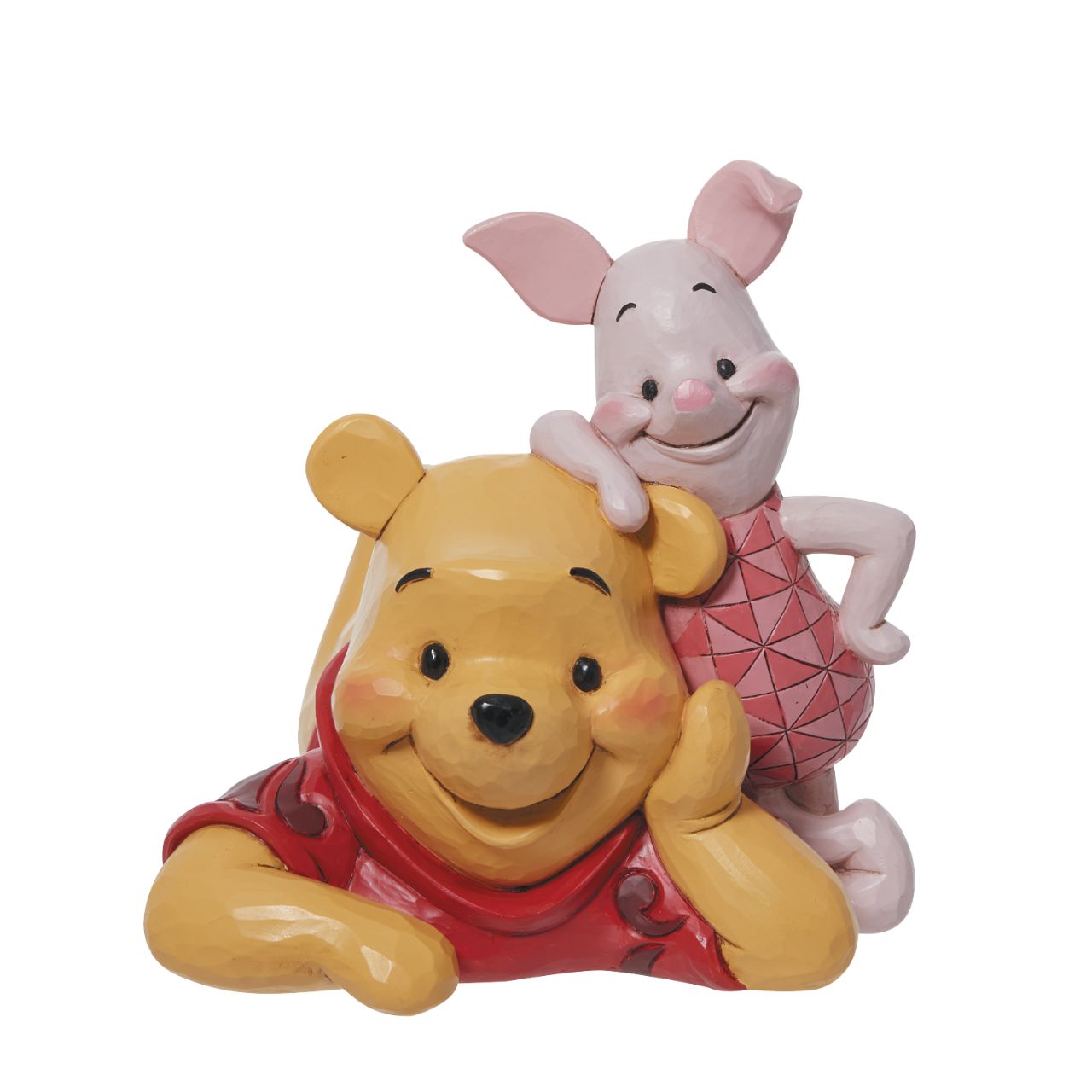 Winnie the Pooh & Piglet Figurine by Jim Shore  "Forever Friends" Best friends Piglet and Pooh Bear relax together in this charming Disney creation. A colourful ode to love and friendship, the pair look dashing in classic Jim Shore design. Smiling, they celebrate the 45th anniversary of Winnie the Pooh.
