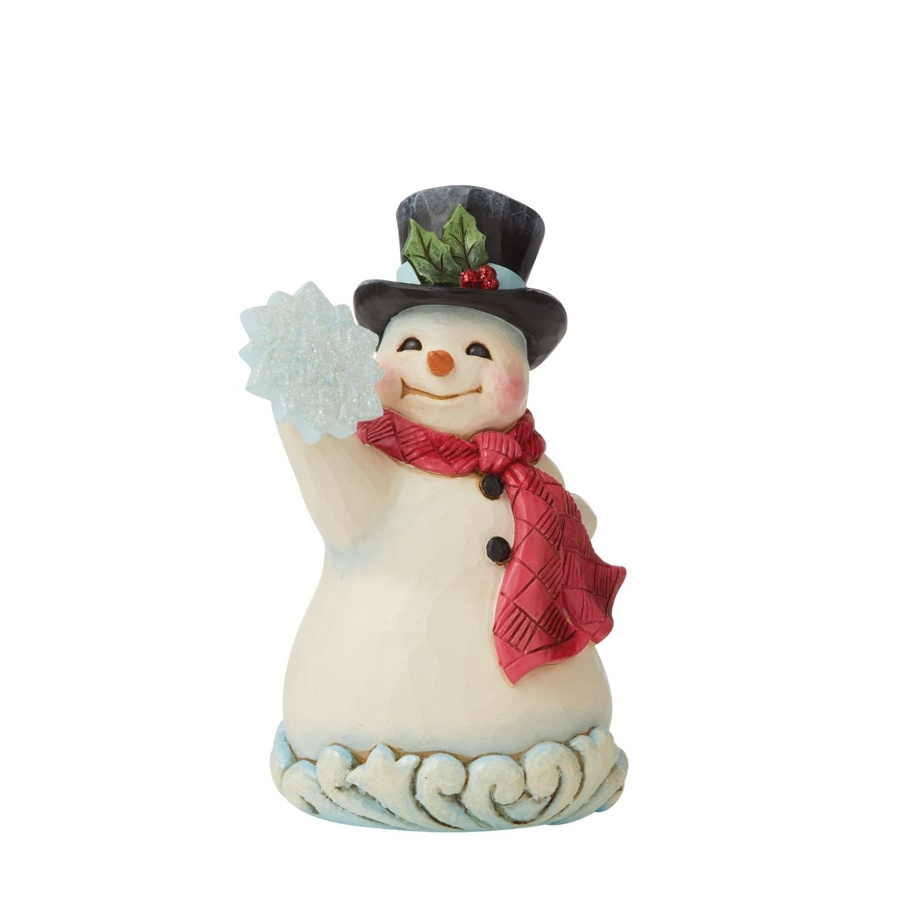Winter Wonderland Small Snowman Figurine by Jim Shore  "Winter's Simple Joys" This happy Snowman has been designed by Jim Shore as part of his Winter Wonderland collection. Wearing a sweet top hat, he is holding an acrylic snowflake to add to the feeling of snow and ice before added embellishments of glitter are added.