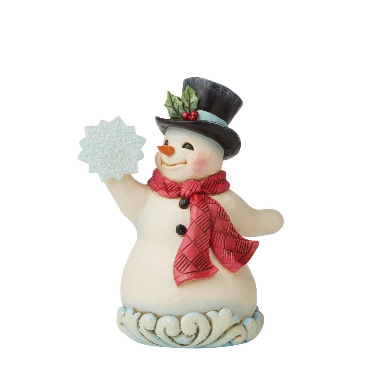 Winter Wonderland Small Snowman Figurine by Jim Shore  "Winter's Simple Joys" This happy Snowman has been designed by Jim Shore as part of his Winter Wonderland collection. Wearing a sweet top hat, he is holding an acrylic snowflake to add to the feeling of snow and ice before added embellishments of glitter are added.