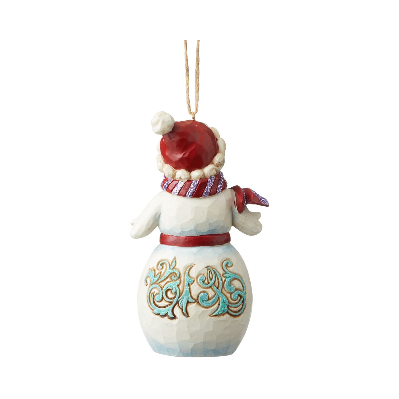 Heartwood Creek Winter Wonderland Snowman Hanging Ornament  Jim Shore's Winter Wonderland collection features a subtle glitter finish with Jim's signature colour and intricate design. This whimsical holiday Snowman ornament with knit cap and scarf is strikingly decorated with a bold blue rosemaling motif.