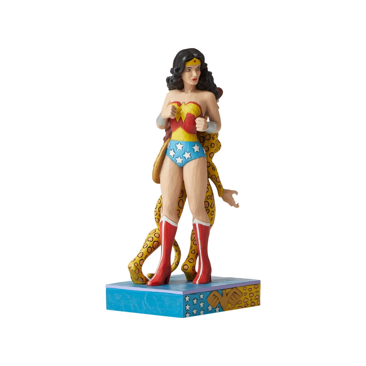 Jim Shore Wonder Woman and Cheetah Figurine  Jim Shore celebrates Wonder Woman and Cheetah back to back in his signature wood carved look and folk art styling. Sure to be a treasured gift across the generations. Unique variations should be expected as this product is hand painted.