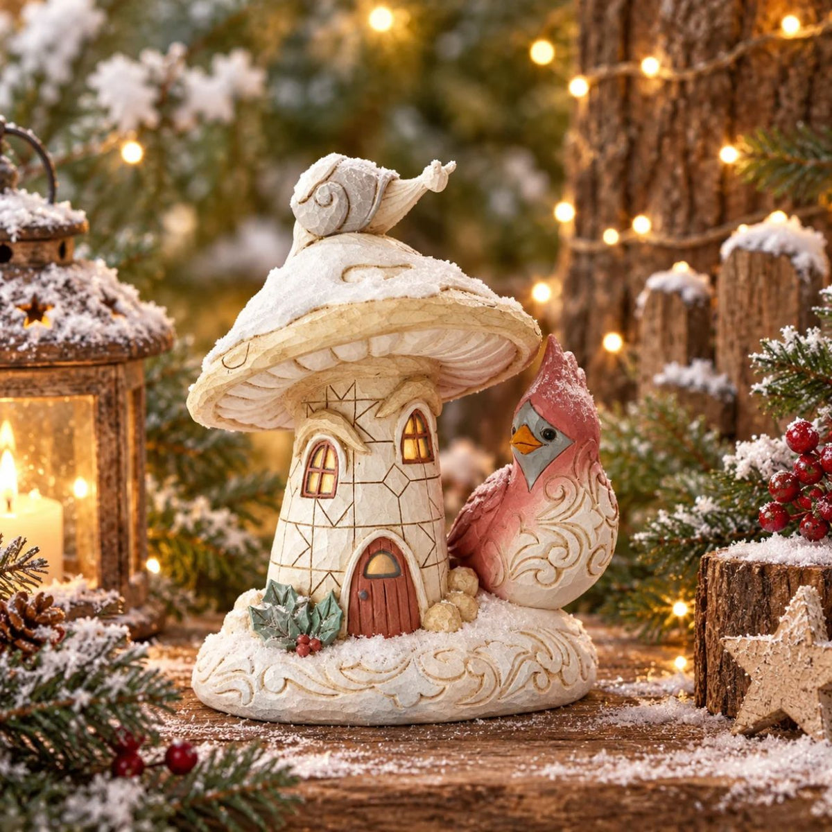 "Home For the Holidays" Designed in the iconic style of Jim Shore. This mushroom house is inhabited by woodland creatures ready to settle down in comfort for the festive season.
