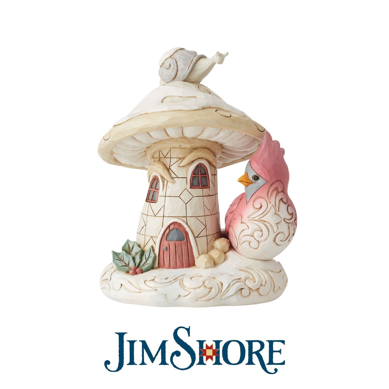 Woodland Mushroom House with Cardinal Figurine by Jim Shore  "Home For the Holidays" Designed in the iconic style of Jim Shore. This mushroom house is inhabited by woodland creatures ready to settle down in comfort for the festive season. Hand painted in high quality cast stone. 