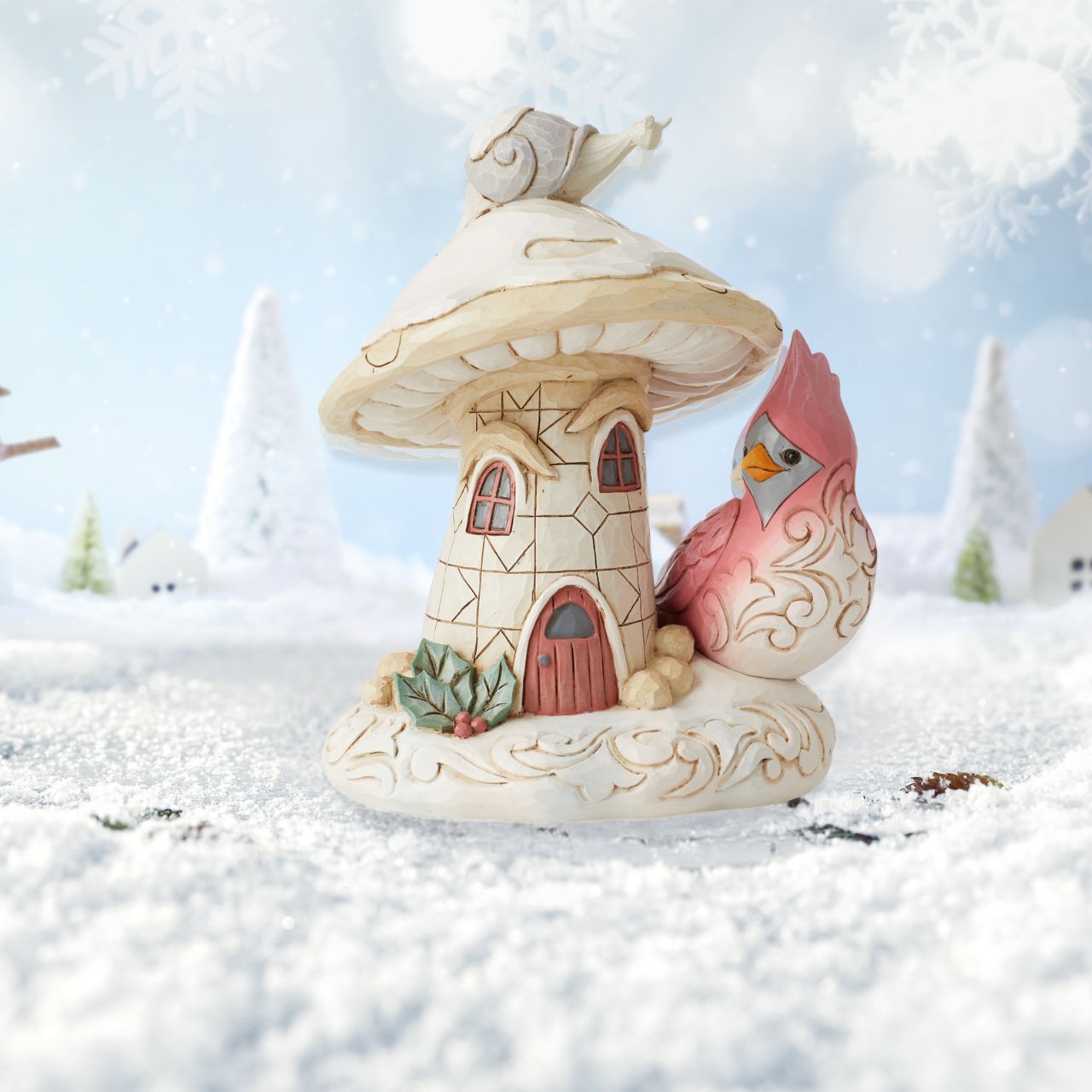 Woodland Mushroom House with Cardinal Figurine by Jim Shore  "Home For the Holidays" Designed in the iconic style of Jim Shore. This mushroom house is inhabited by woodland creatures ready to settle down in comfort for the festive season. Hand painted in high quality cast stone.
