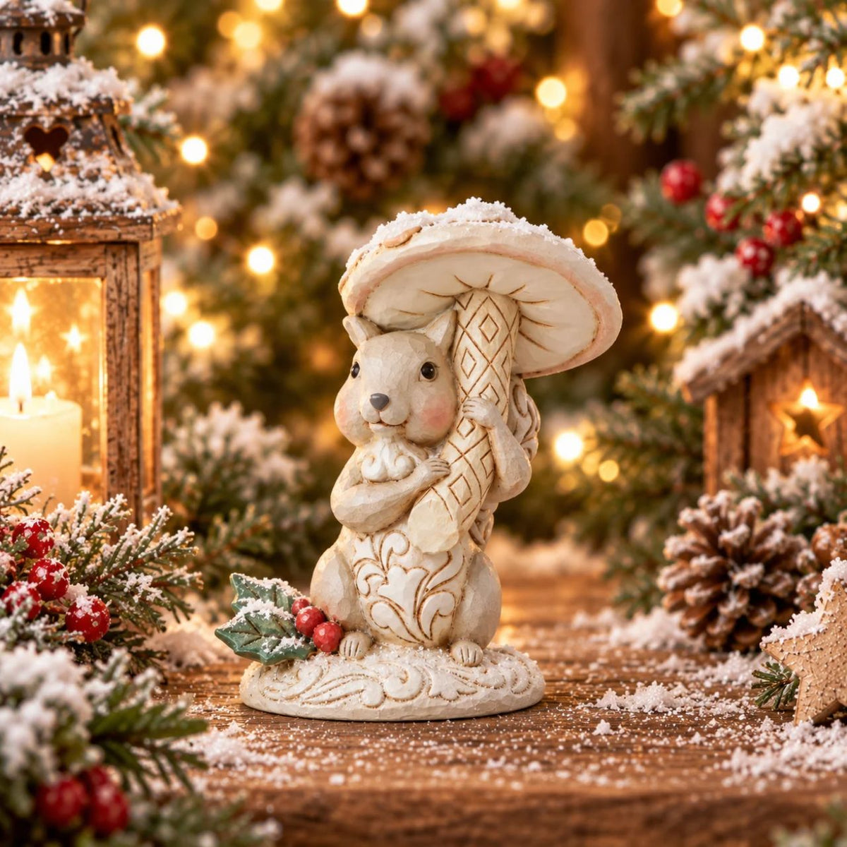 The White Woodland Collection showcases Intricate Jim Shore designs, with soft neutral colour palette suitable for many styles of home decor. This cute little squirrel holding a mushroom is the perfect addition to any White Woodland Collection.