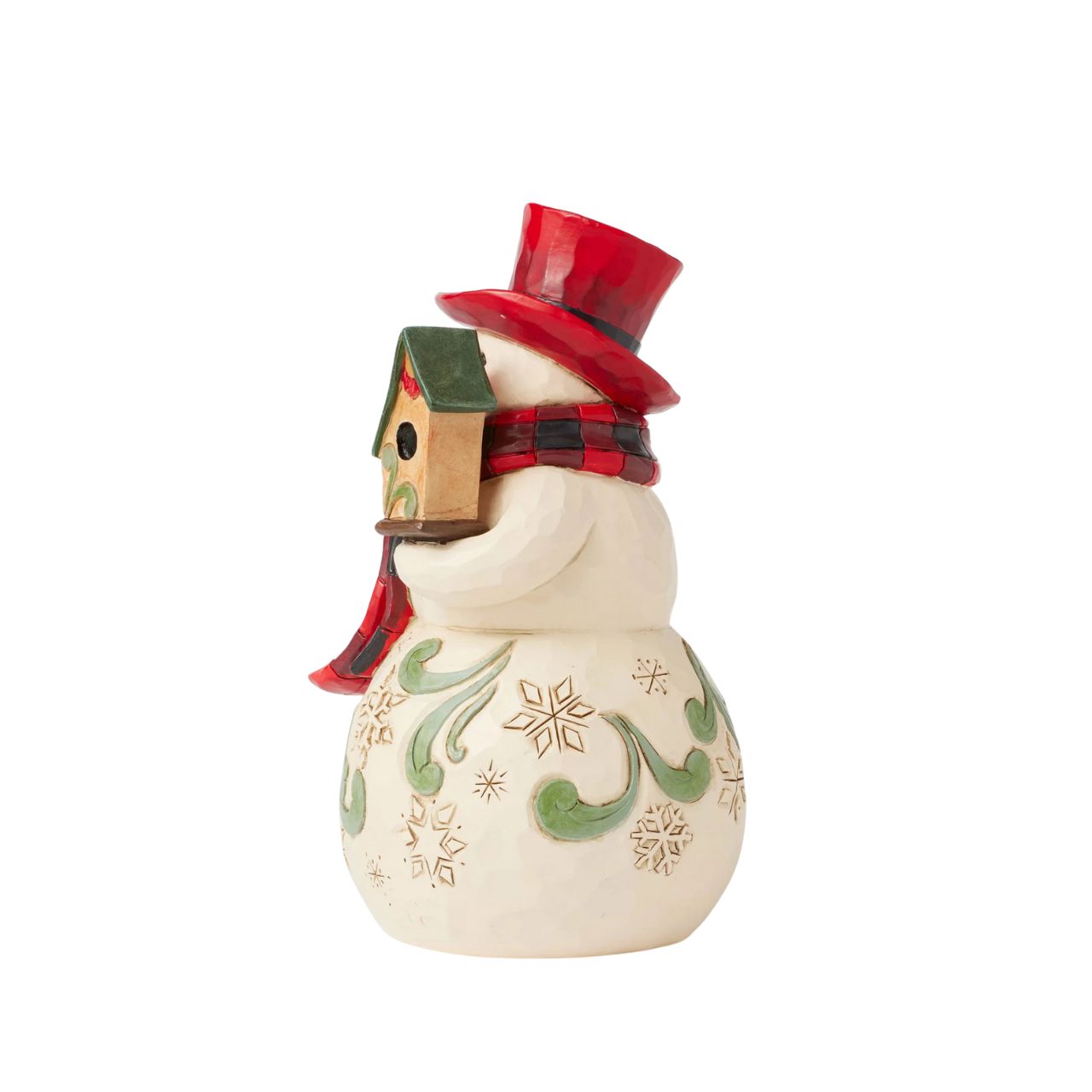 This whimsical Jim Shore Highland Glen snowman wears a cozy buffalo plaid scarf and a vibrant red top hat. Holding a charming birdhouse with a friendly cardinal perched beside him, his joyful smile radiates warmth and holiday spirit.