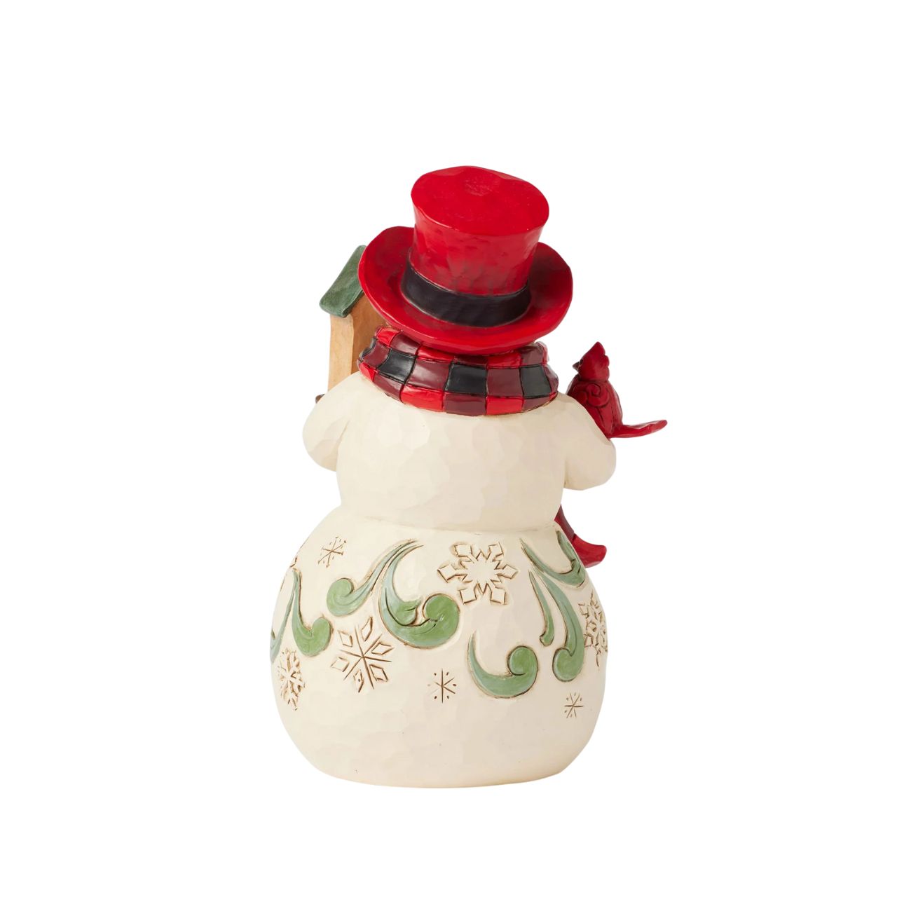 This whimsical Jim Shore Highland Glen snowman wears a cozy buffalo plaid scarf and a vibrant red top hat. Holding a charming birdhouse with a friendly cardinal perched beside him, his joyful smile radiates warmth and holiday spirit.