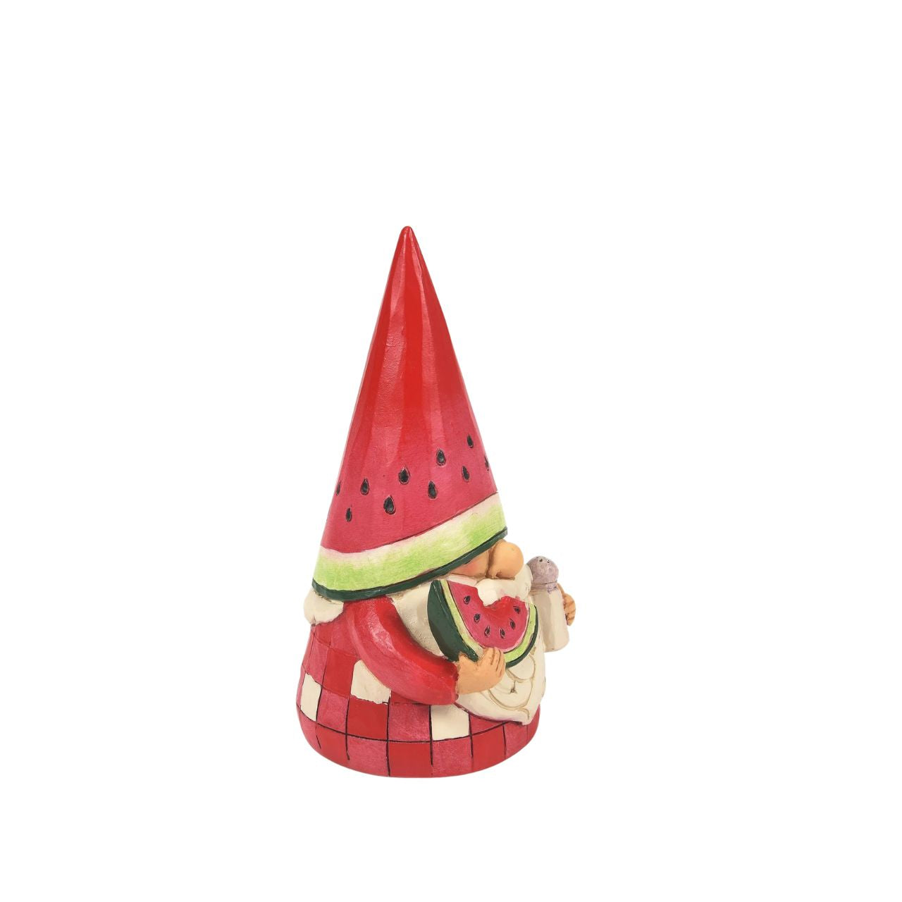 No one knows gnomes like Jim Shore. A master craftsman of the playful guardians, the beloved artist creates a new addition to his growing gnome collection. This watermelon inspired gnome wears a picnic plaid cloak as he enjoys the fruit.