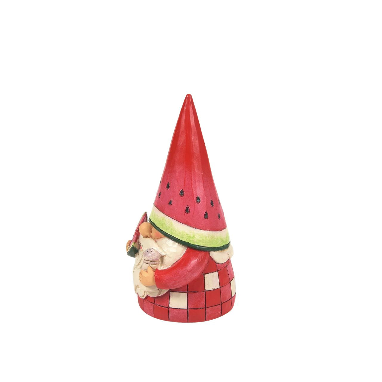 No one knows gnomes like Jim Shore. A master craftsman of the playful guardians, the beloved artist creates a new addition to his growing gnome collection. This watermelon inspired gnome wears a picnic plaid cloak as he enjoys the fruit.