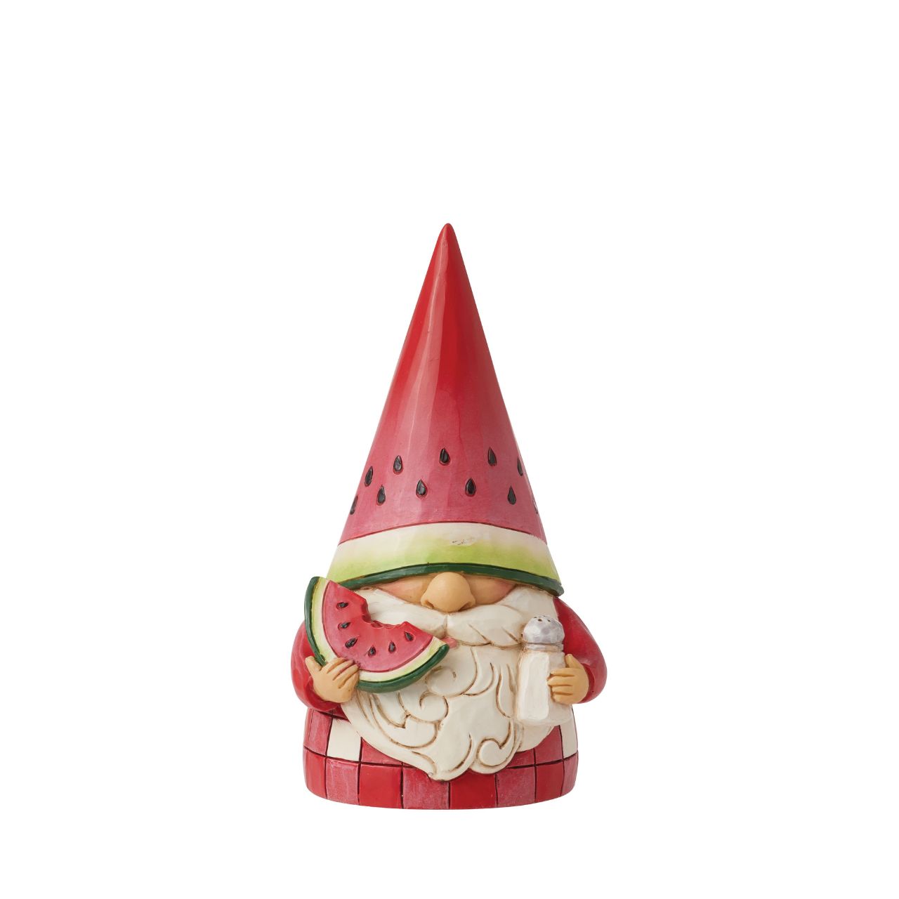 No one knows gnomes like Jim Shore. A master craftsman of the playful guardians, the beloved artist creates a new addition to his growing gnome collection. This watermelon inspired gnome wears a picnic plaid cloak as he enjoys the fruit.