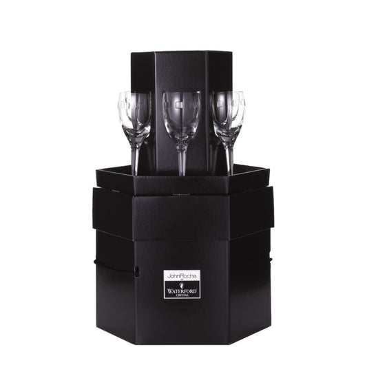 Waterford Crystal John Rocha Geo White Wine Glass Hat Box Set 6  COLLECTION ONLY - DUE TO PRESENTATION BOX not suitable for postage  John Rocha Geo White Wine glasses for Waterford. Featuring a dynamic geometric motif on brilliant crystal, John Rocha's Geo collection epitomises his design style, evoking simple elegance and a contemporary vision.