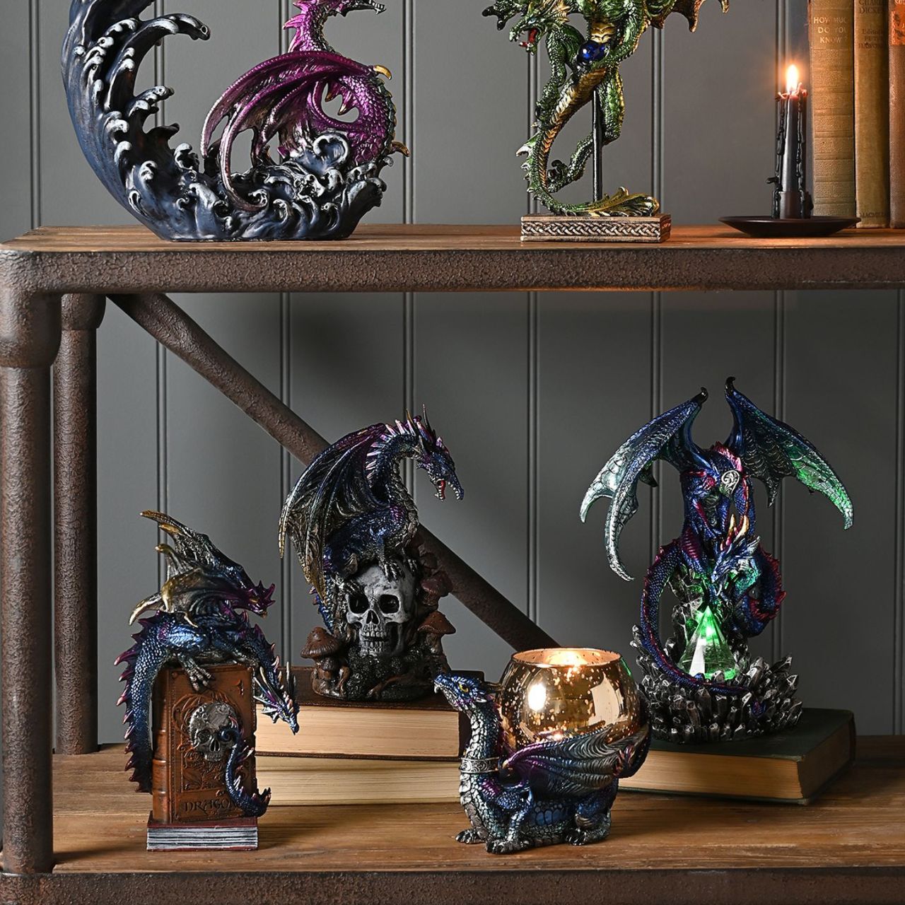 A Blue Peering Down Dragon Fantasy Figurine Ornament from the Mystic Legends Collection by Juliana Collection.