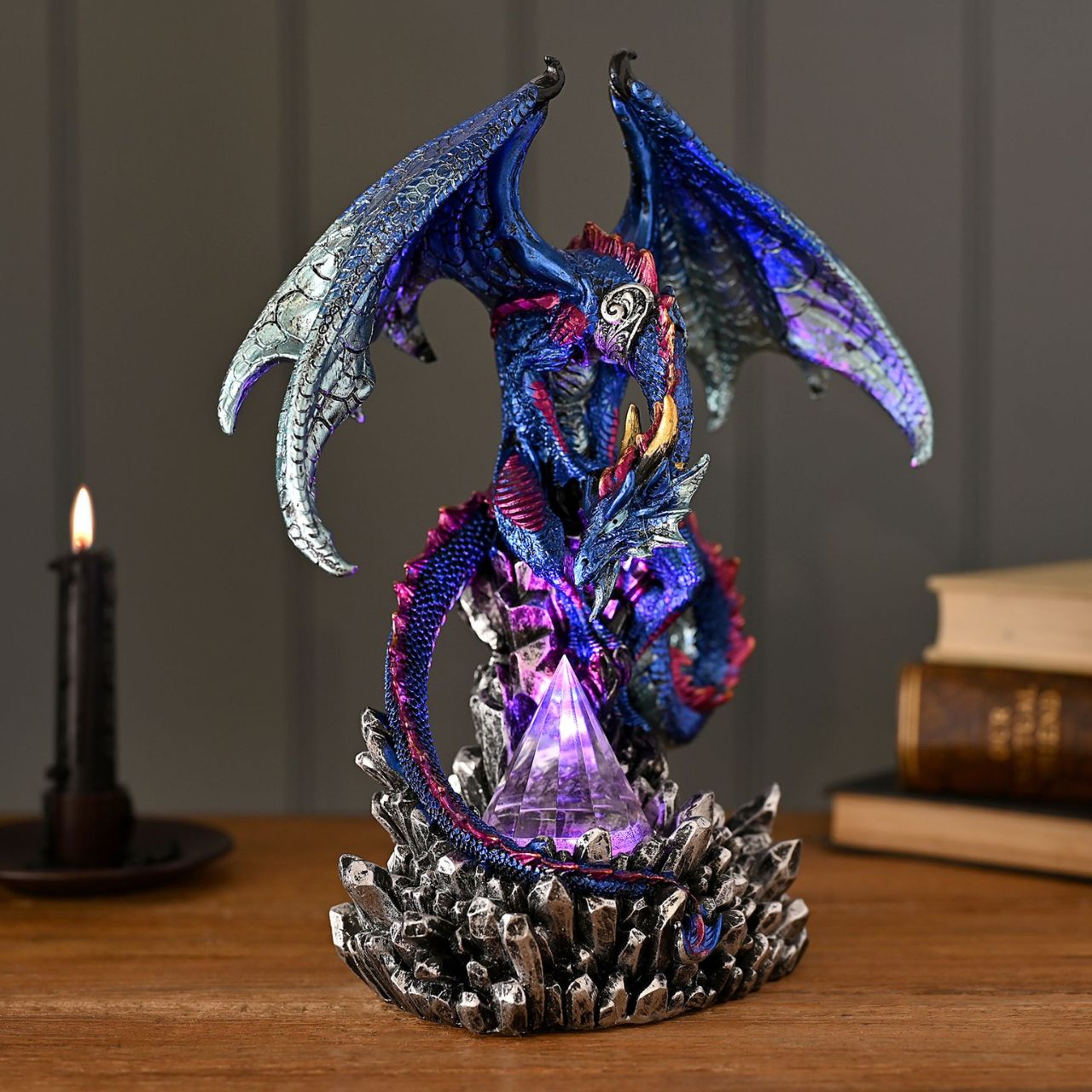 A Blue Dragon Fantasy Figurine Ornament with changeable lighting from the Mystic Legends Collection by Juliana Collection.