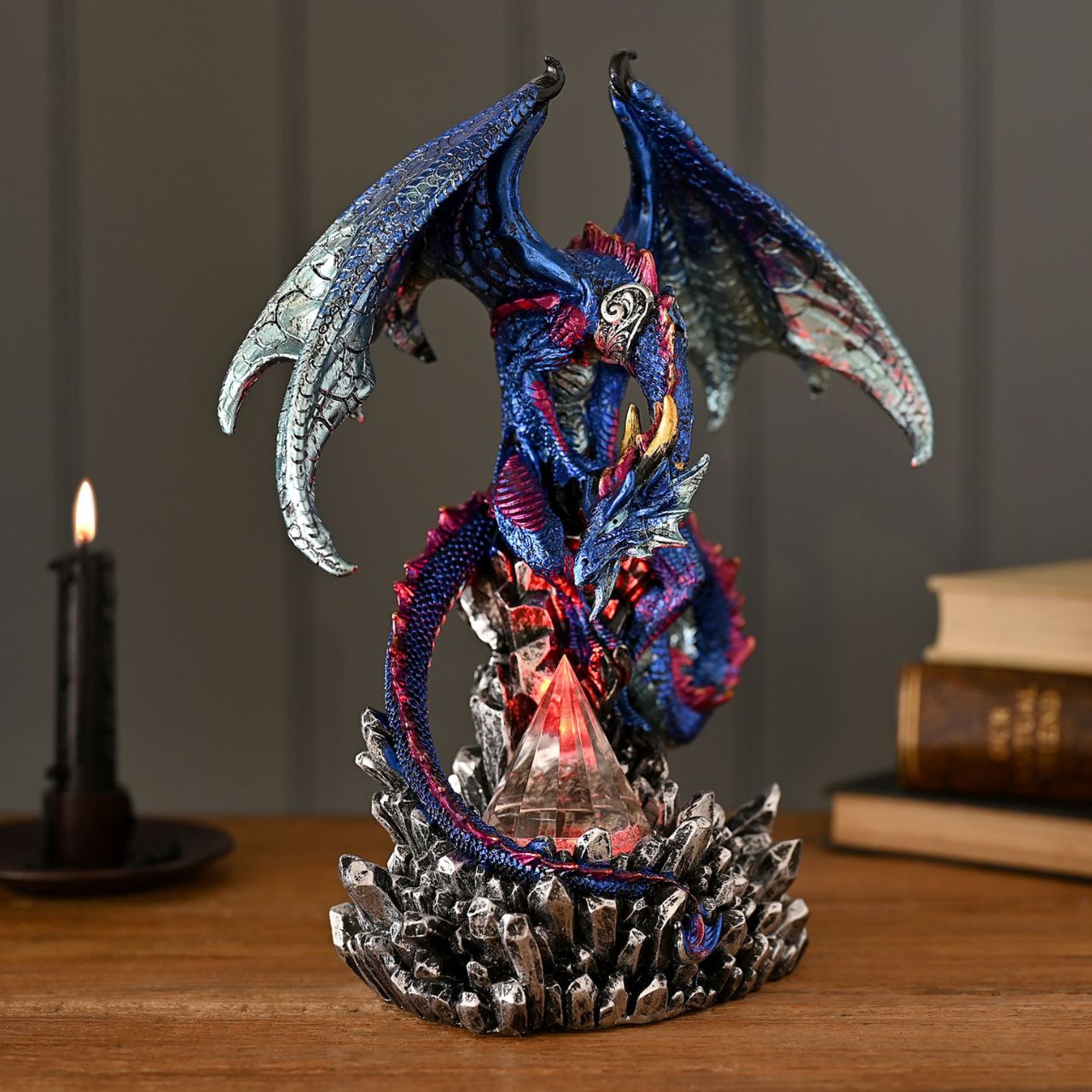 A Blue Dragon Fantasy Figurine Ornament with changeable lighting from the Mystic Legends Collection by Juliana Collection.