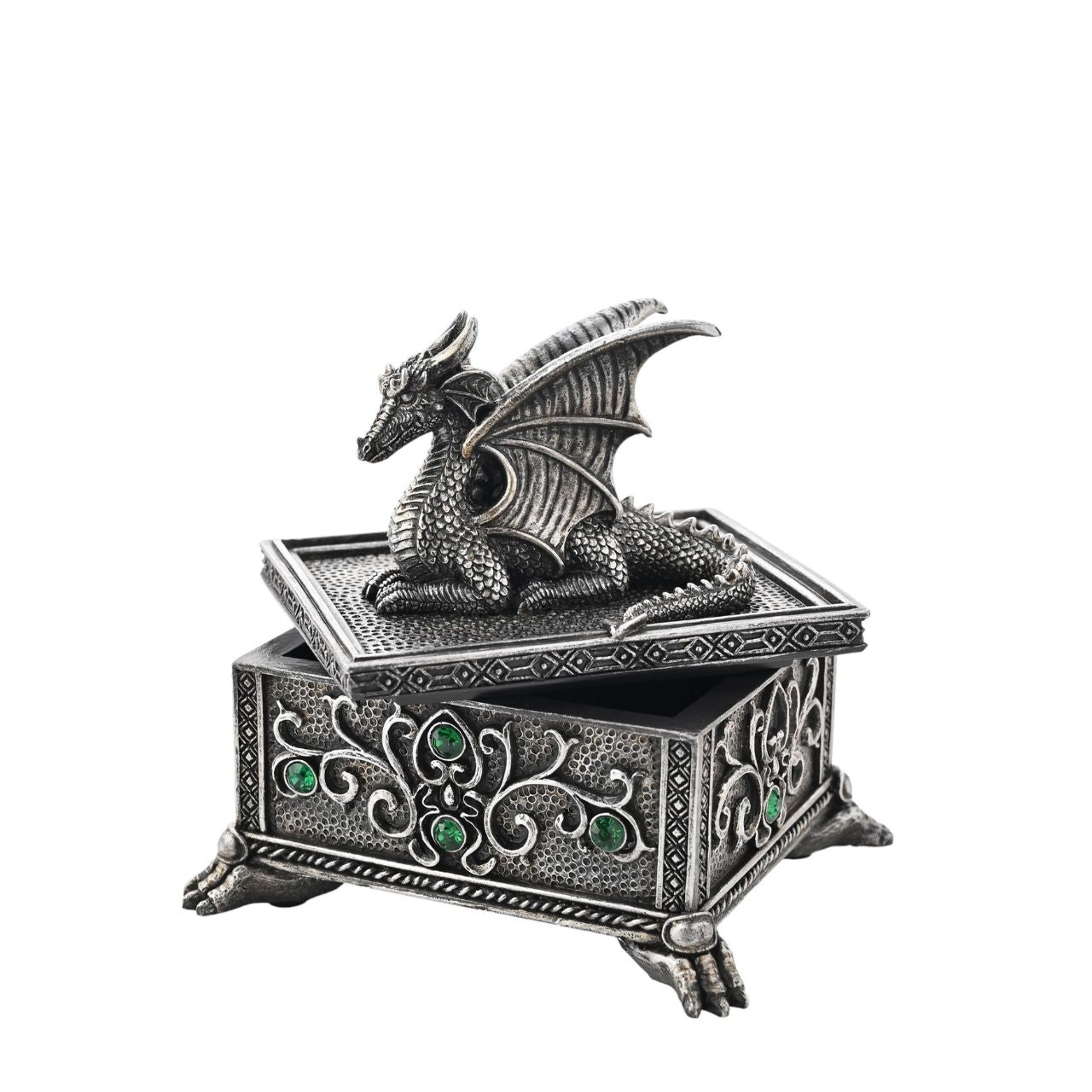 This silver coloured item with green crystals, is made from high-quality resin allowing for intricate detailing. A brand for customers and avid collectors who are drawn to the mystical and gothic aesthetic.
