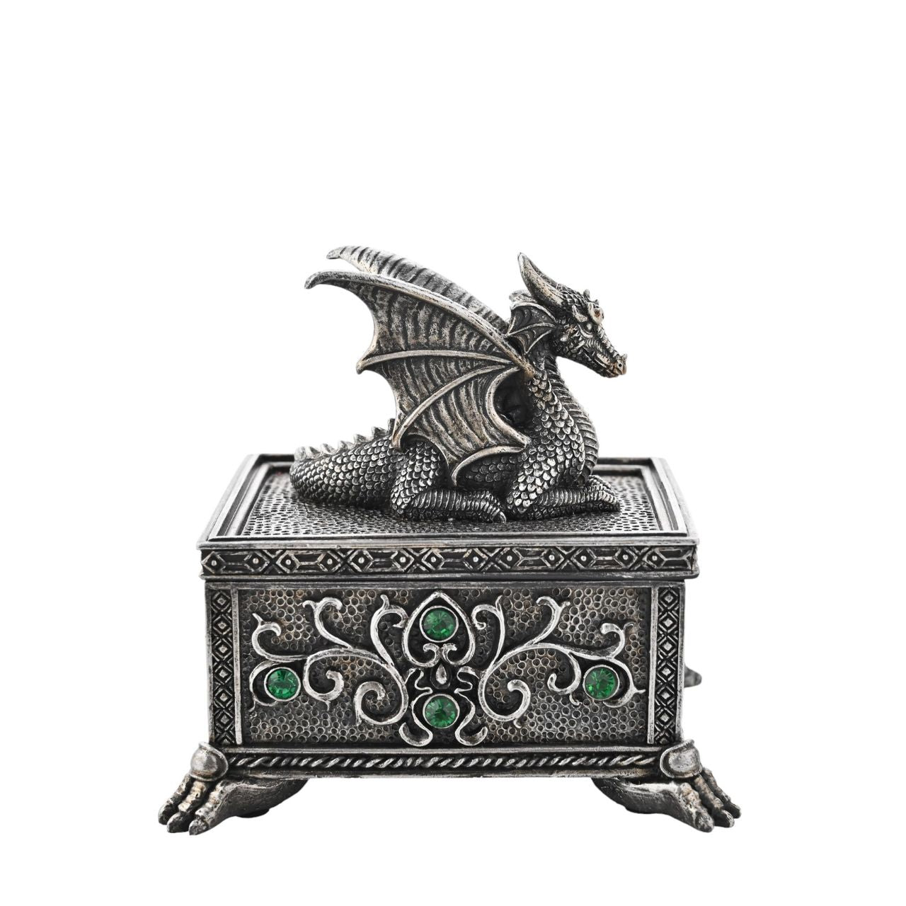 This silver coloured item with green crystals, is made from high-quality resin allowing for intricate detailing. A brand for customers and avid collectors who are drawn to the mystical and gothic aesthetic.