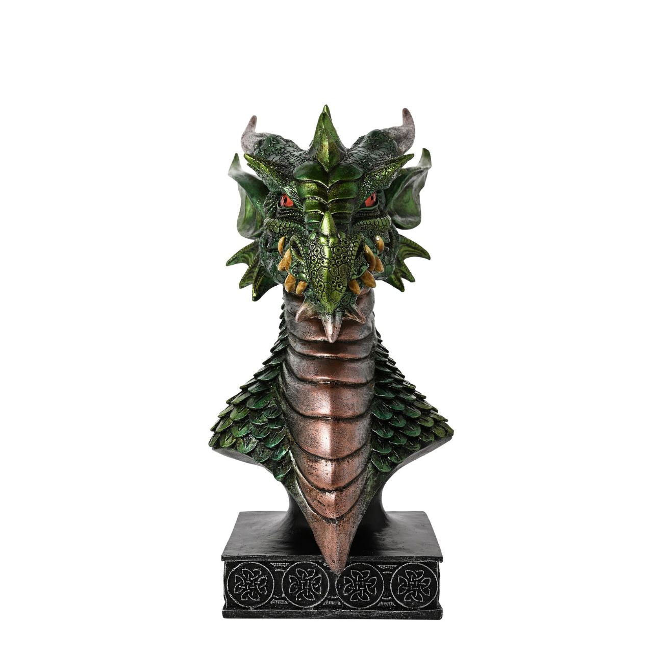 This majestic green and bronze coloured piece with a metallic effect finish, is made from high-quality resin allowing for intricate detailing. A brand for customers and avid collectors who are drawn to the mystical and gothic aesthetic.