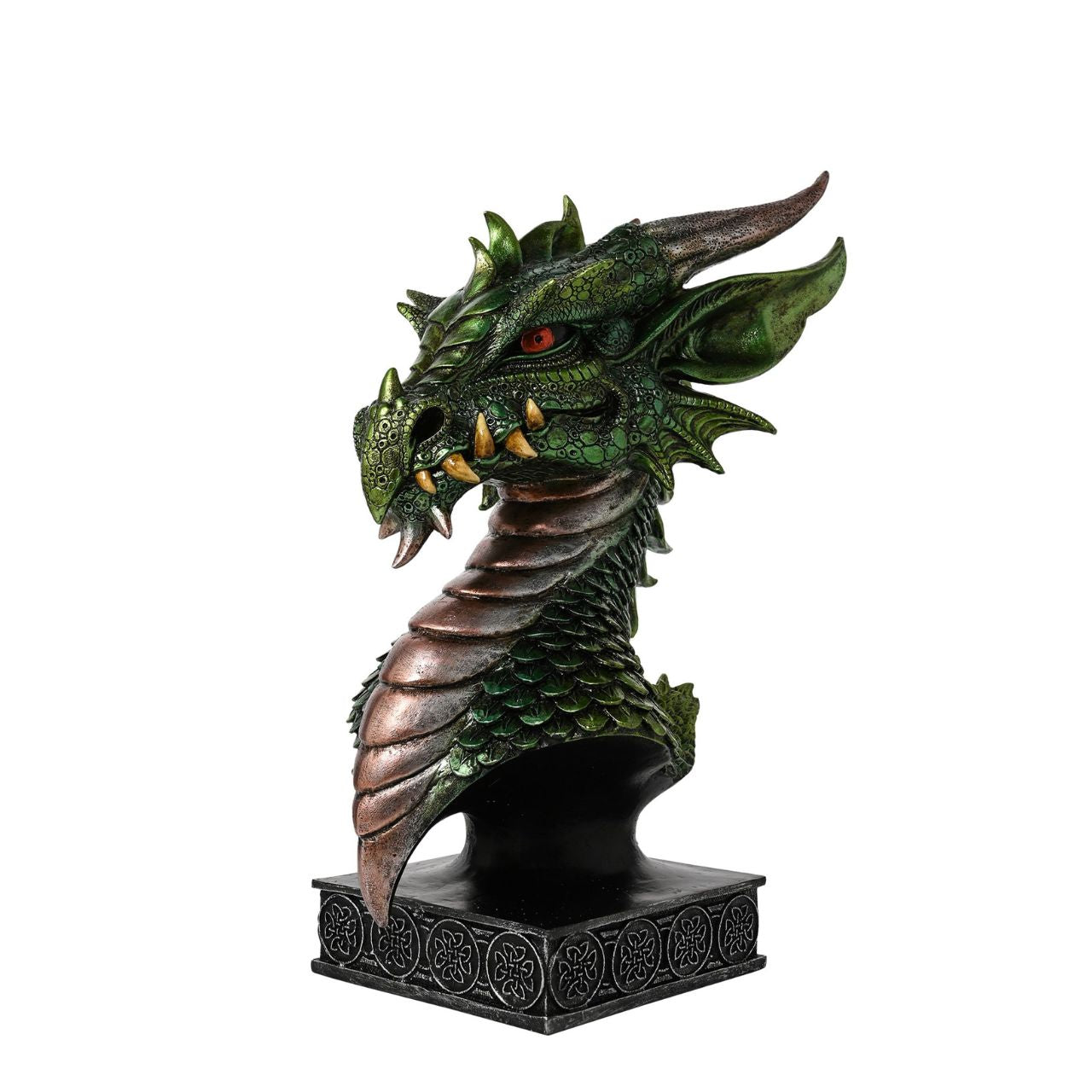 This majestic green and bronze coloured piece with a metallic effect finish, is made from high-quality resin allowing for intricate detailing. A brand for customers and avid collectors who are drawn to the mystical and gothic aesthetic.