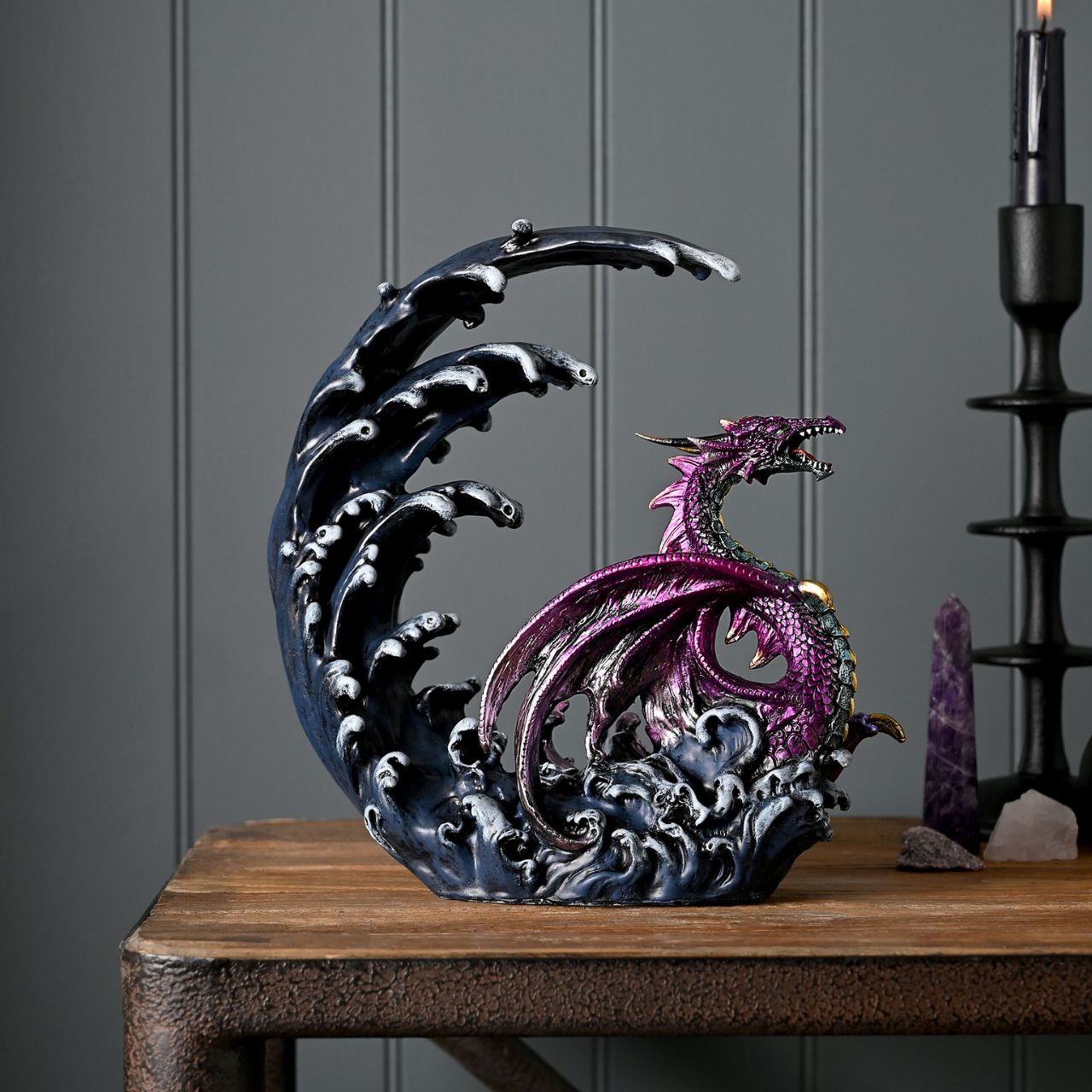 This majestic and imaginative design with a partial metallic effect finish, is made from high-quality resin allowing for intricate detailing. A brand for customers and avid collectors who are drawn to the mystical and gothic aesthetic.