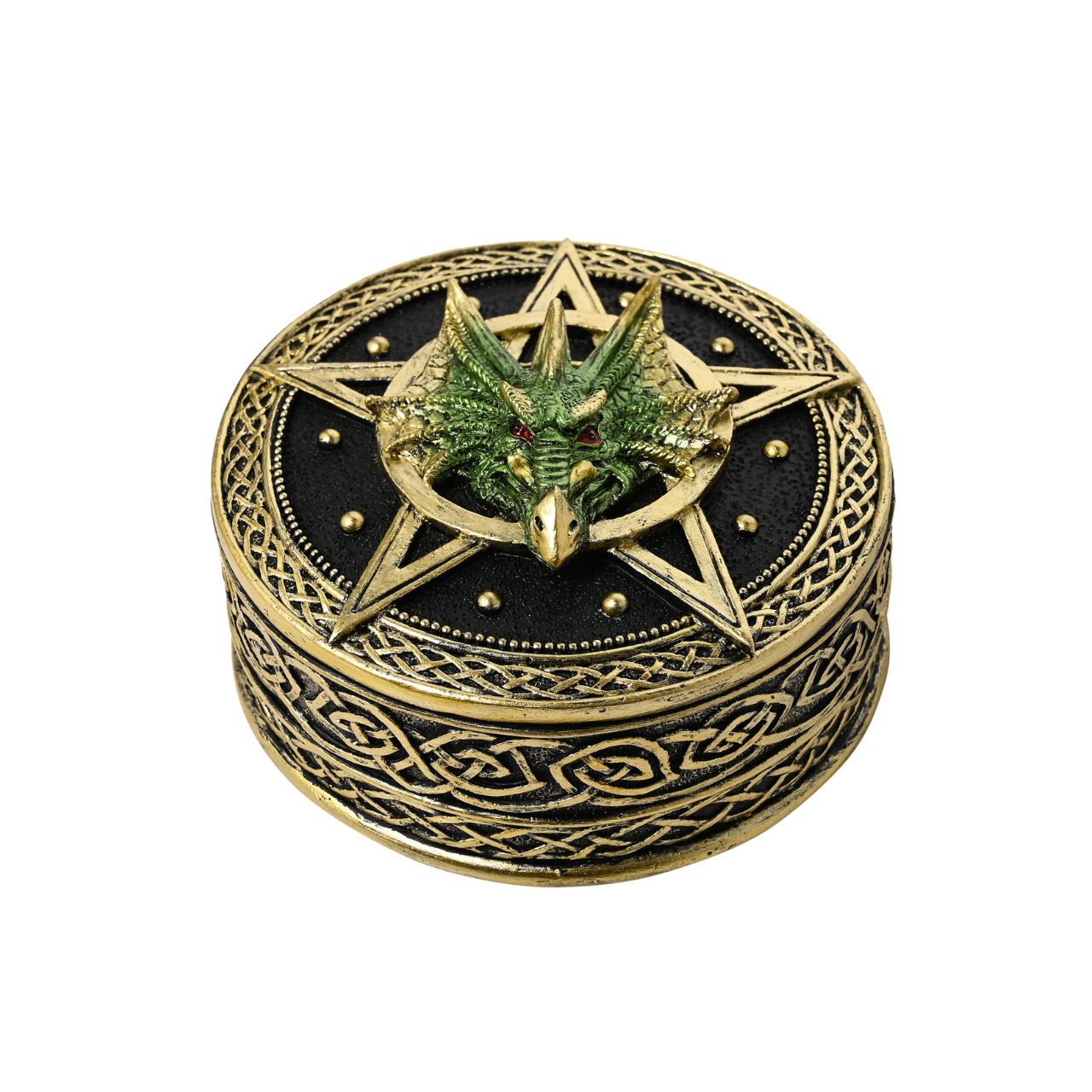 This gold, black, and green coloured piece with a metallic effect finish, is made from high-quality resin allowing for intricate detailing. A brand for customers and avid collectors who are drawn to the mystical and gothic aesthetic.