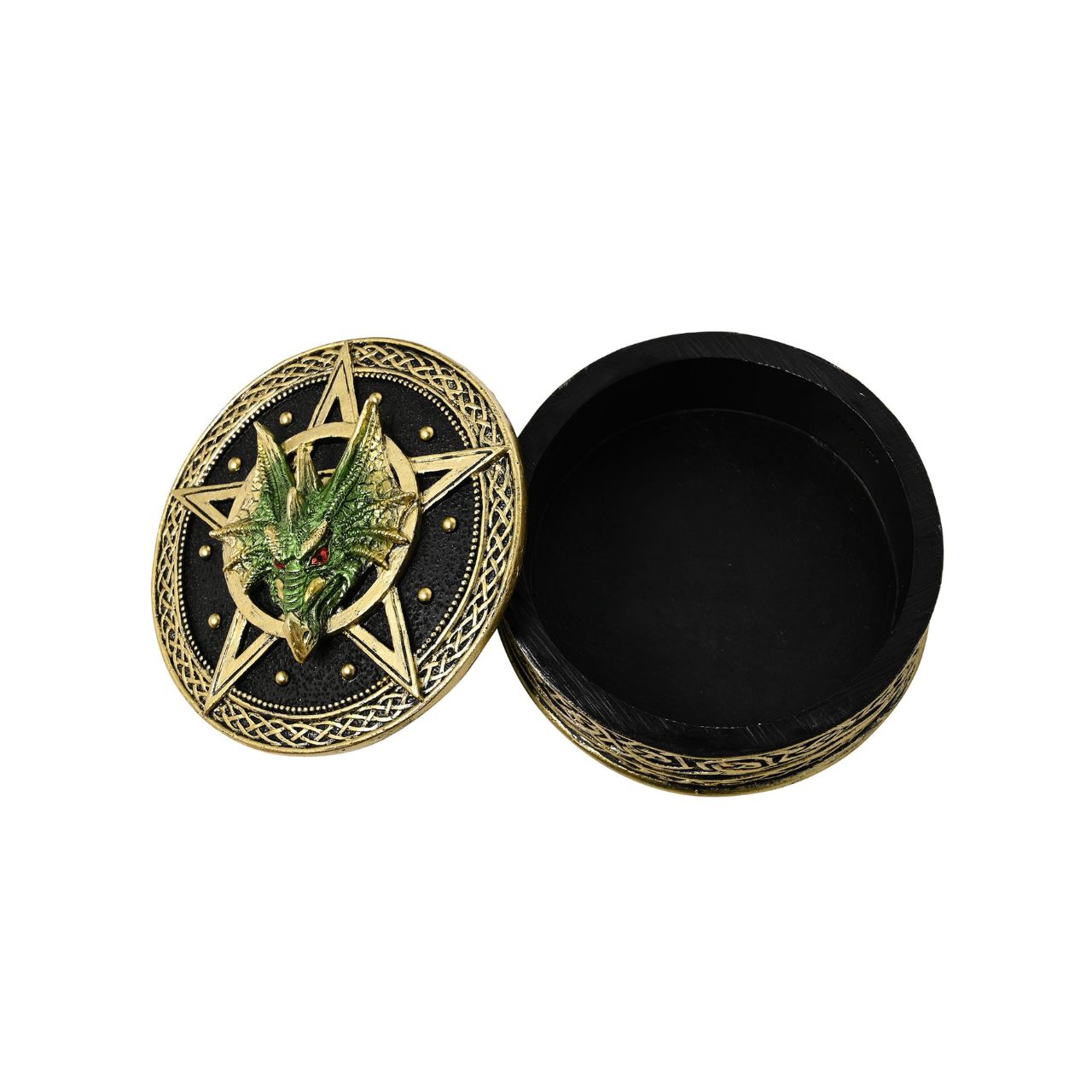 This gold, black, and green coloured piece with a metallic effect finish, is made from high-quality resin allowing for intricate detailing. A brand for customers and avid collectors who are drawn to the mystical and gothic aesthetic.