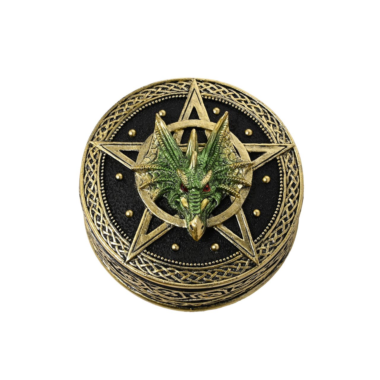 This gold, black, and green coloured piece with a metallic effect finish, is made from high-quality resin allowing for intricate detailing. A brand for customers and avid collectors who are drawn to the mystical and gothic aesthetic.